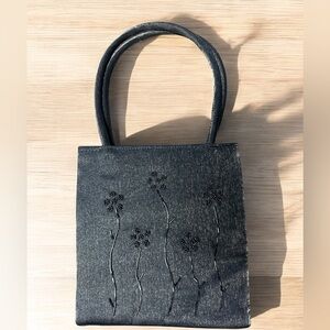 Black Silver Satin Evening Bag with Black Floral Beading Sparkly Vintage Party
